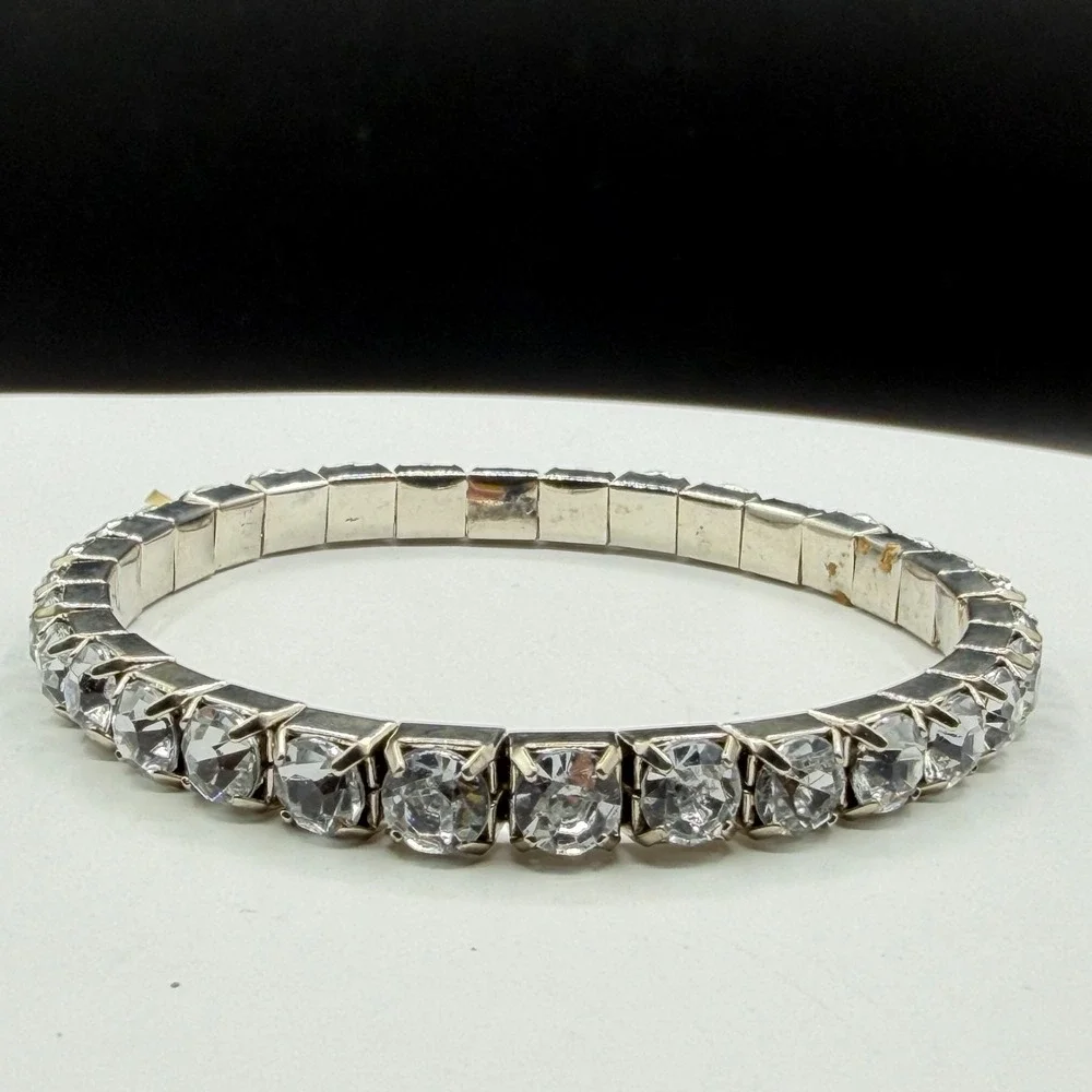 Clear Crystal Rhinestone Silver Tone Stretch Tennis Bracelet Statement Gift